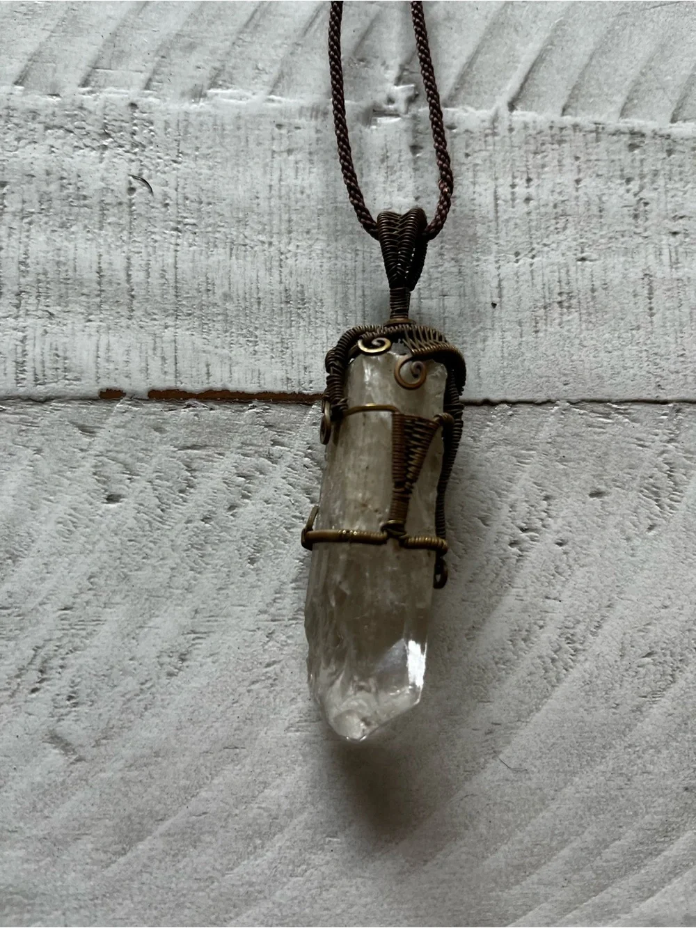 Handcrafted Brown Cord Necklace with Wire Wrapped Clear Crystal Pendant - Picture 3 of 5